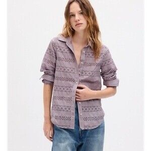 Gap Eyelet Perfect Shirt Women's Size XS Purple Button Cotton Embroidered Boho